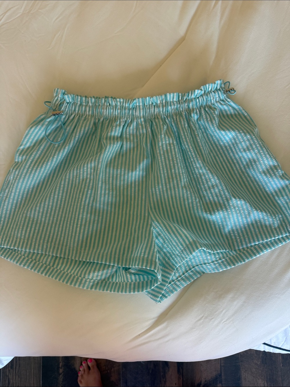 No Boundaries Aqua and White Striped Athletic Shorts